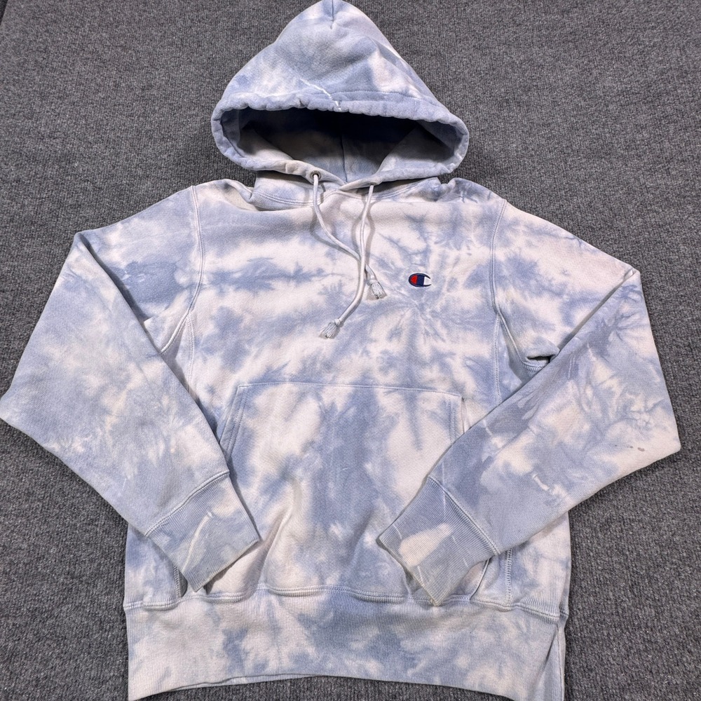 Champion Tie Dye‎ Hoodie Mens Small Blue White Sweatshirt Reverse Weave